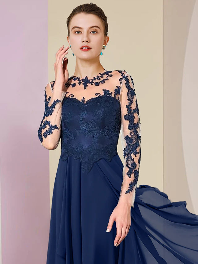 Side view of the A-Line high-low tea length dress with lace appliques.