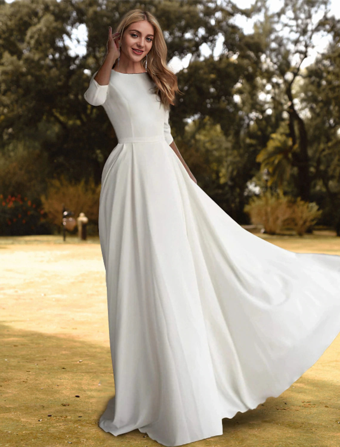 Elegant A-line casual wedding dress with scoop neck and 3/4 sleeves.