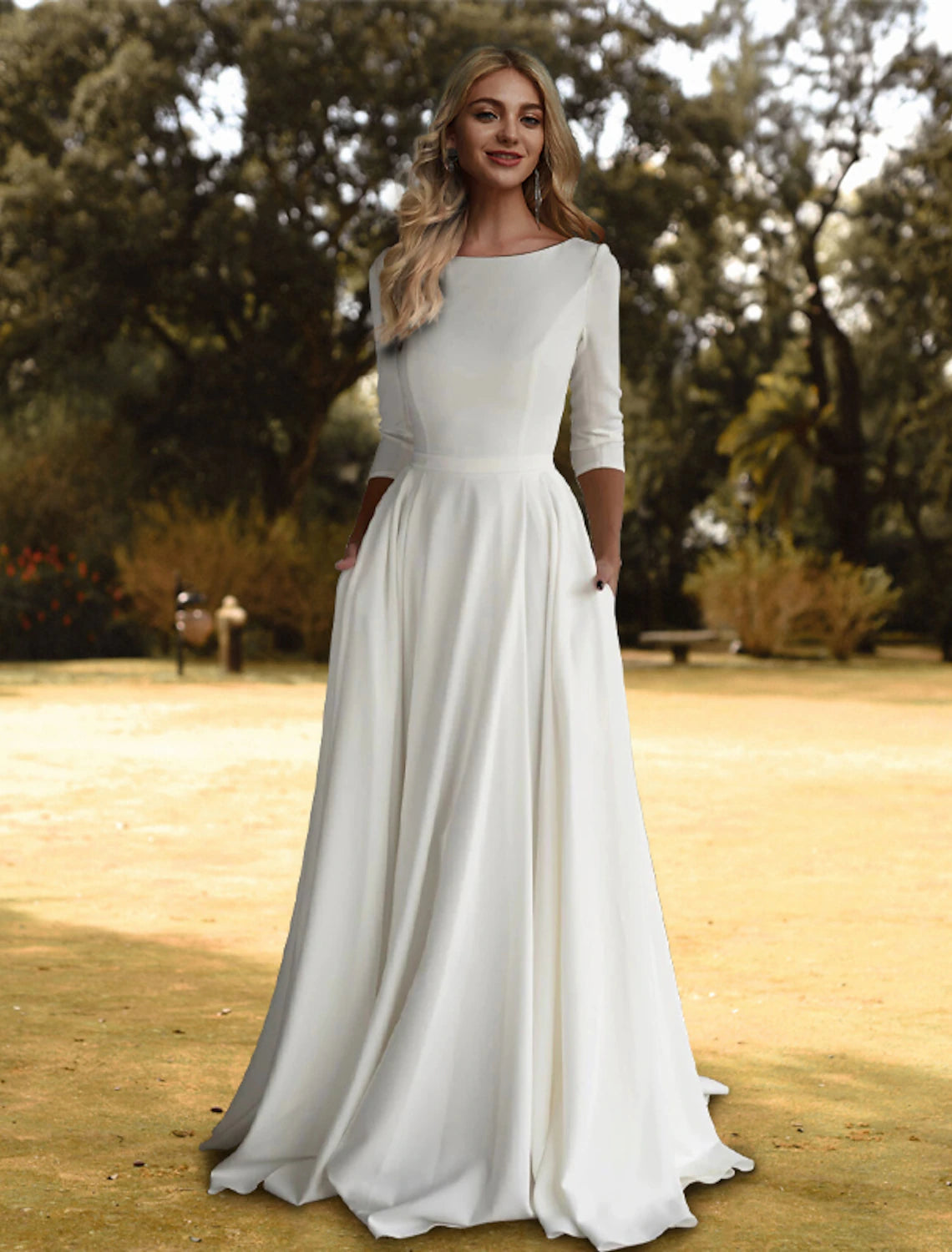 Back view of the A-line casual wedding dress with a sweep train.