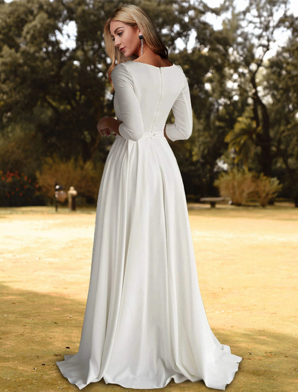 Close-up of the scoop neck and 3/4 sleeves on the stretch fabric bridal gown.