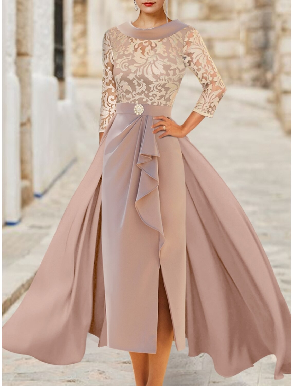 Satin lace ankle-length gown with ruched details and a split front.