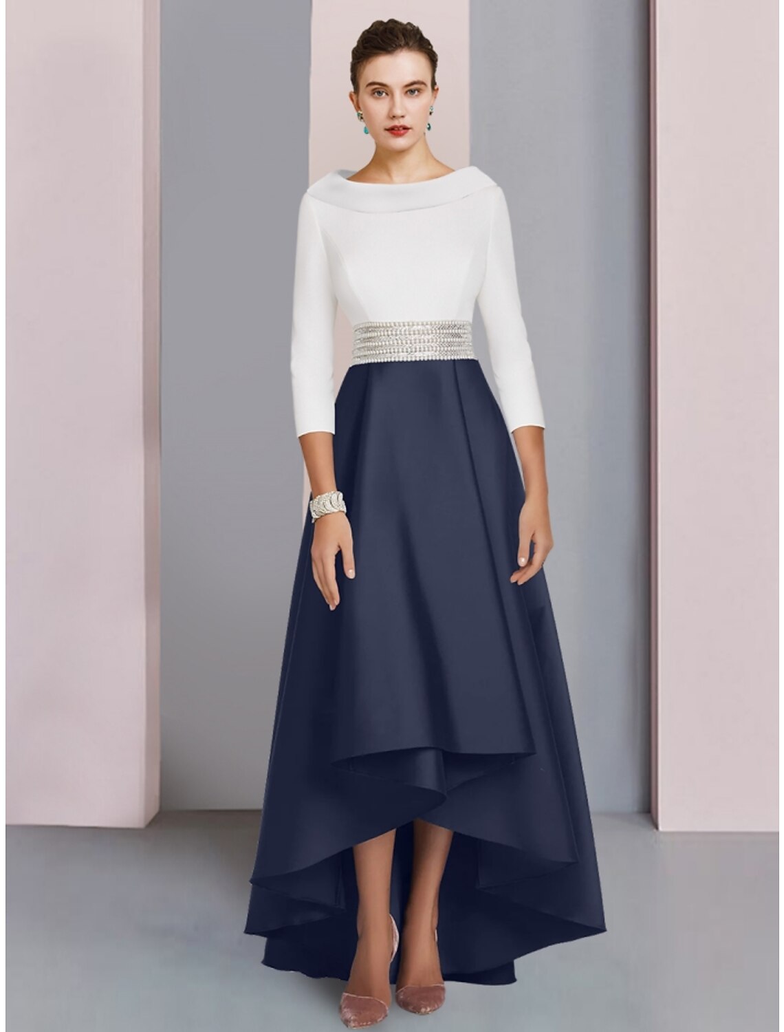 Elegant A-Line Mother of the Bride dress with scoop neck and 3/4 sleeves.