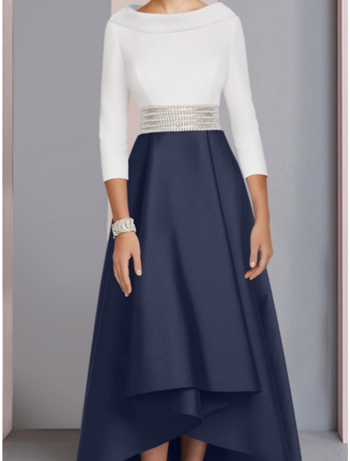 A-Line satin dress for wedding guests, showcasing sequin ruching and asymmetrical design.
