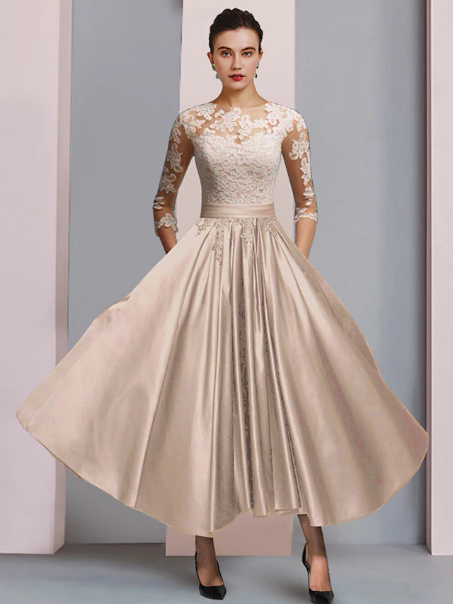 Elegant A-Line Mother of the Bride dress with scoop neck and 3/4 sleeves, featuring satin and lace details.
