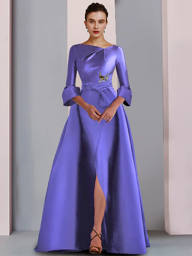 Elegant A-Line Mother of the Bride dress with scoop neck and 3/4 sleeves.