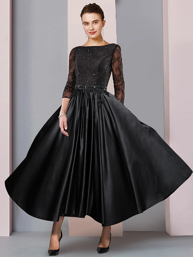 Elegant A-Line Mother of the Bride dress with scoop neck, 3/4 sleeves, and pleated satin skirt.