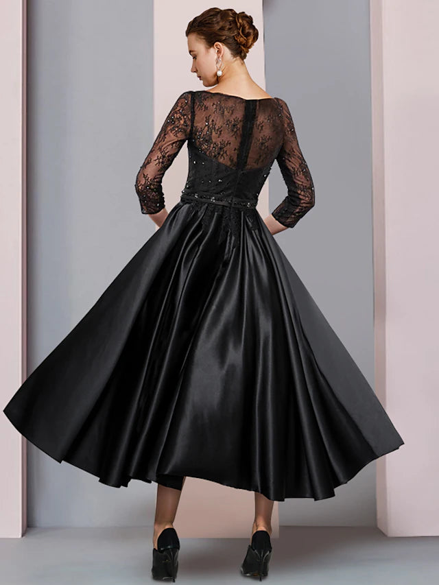 Close-up of the satin and lace details on the elegant A-Line dress.
