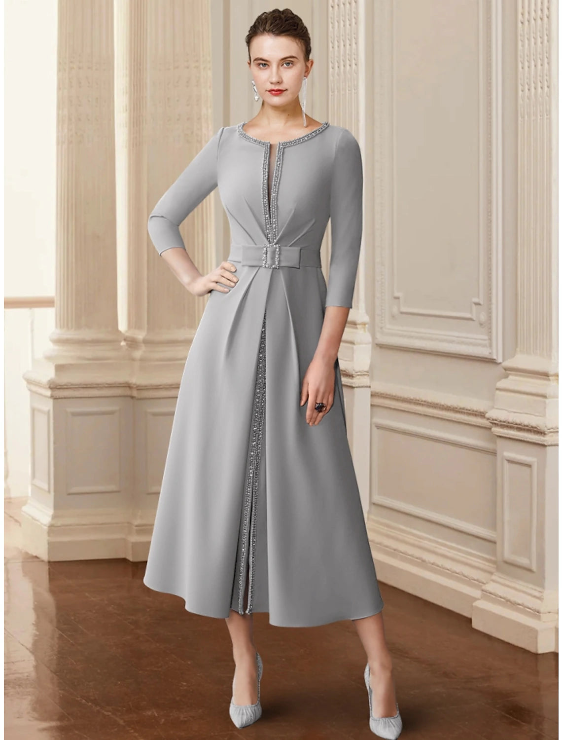A-Line Mother of the Bride dress in stretch chiffon with scoop neck and 3/4 sleeves.