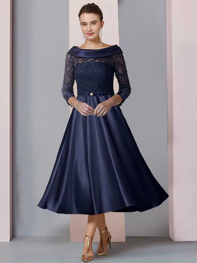 Elegant A-Line Mother of the Bride dress with scoop neck and 3/4 sleeves.