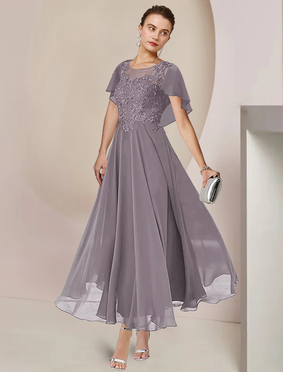 Full view of the elegant A-Line Mother of the Bride gown.