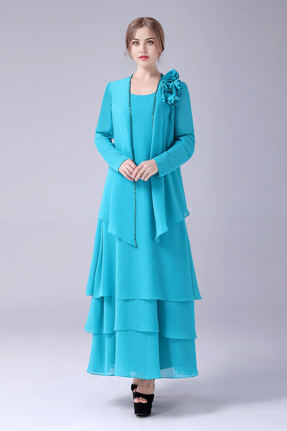 Elegant blue A-line mother of the bride dress with scoop neck.