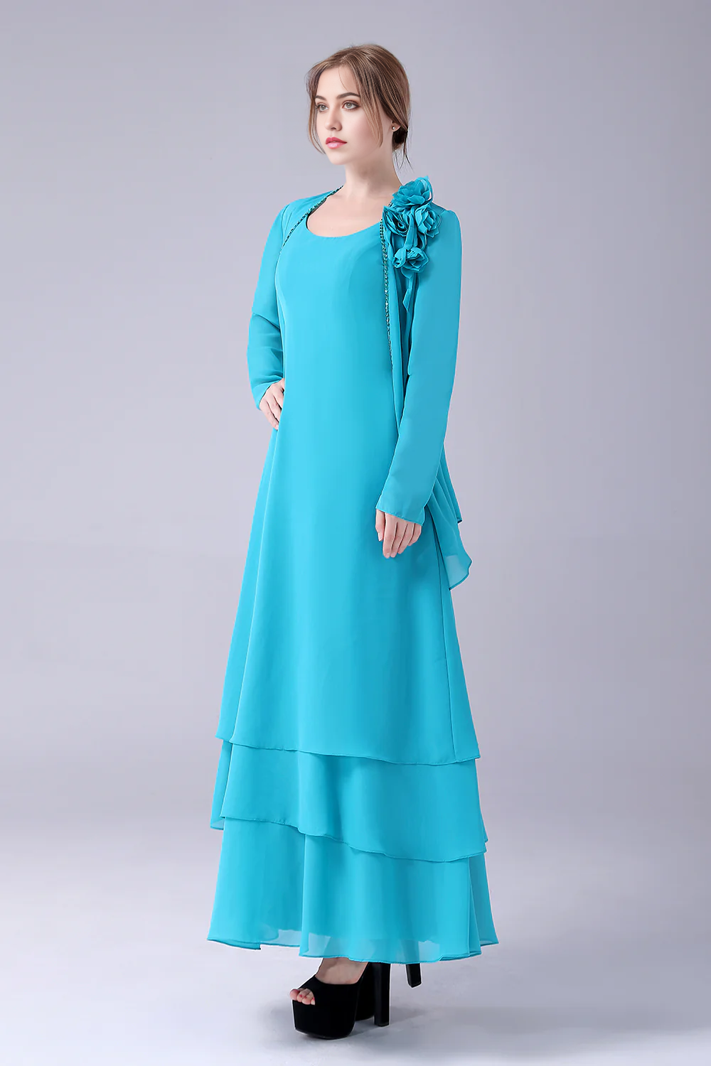 Back view of a blue A-line formal gown.