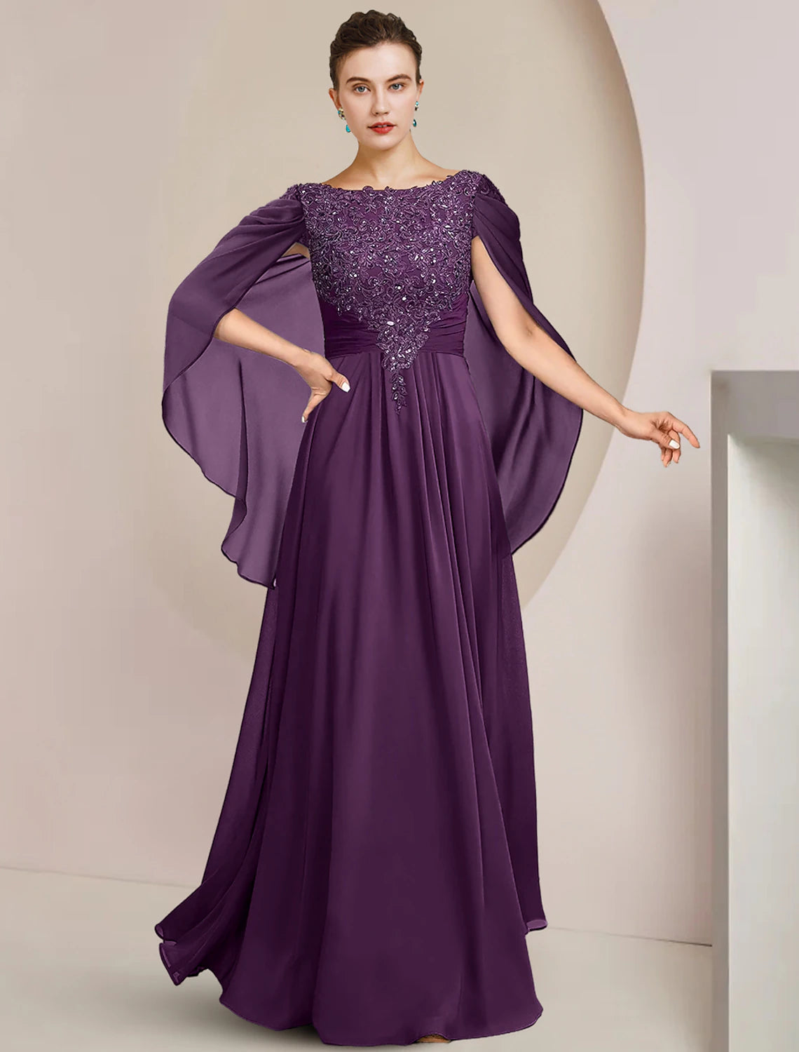 Elegant A-Line chiffon lace gown with scoop neck and sequin appliques.