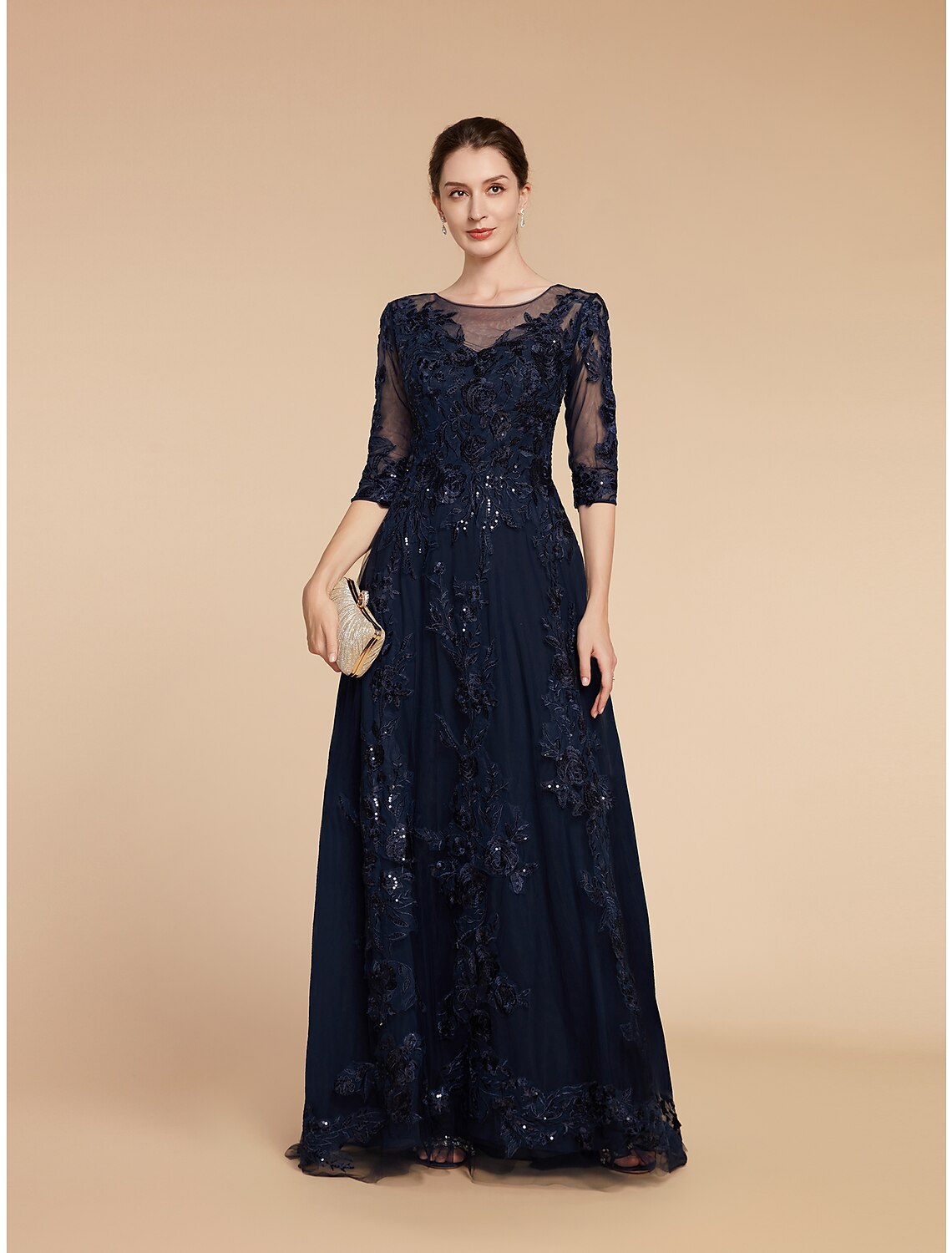 Model wearing the A-line scoop neck Mother of the Bride dress.