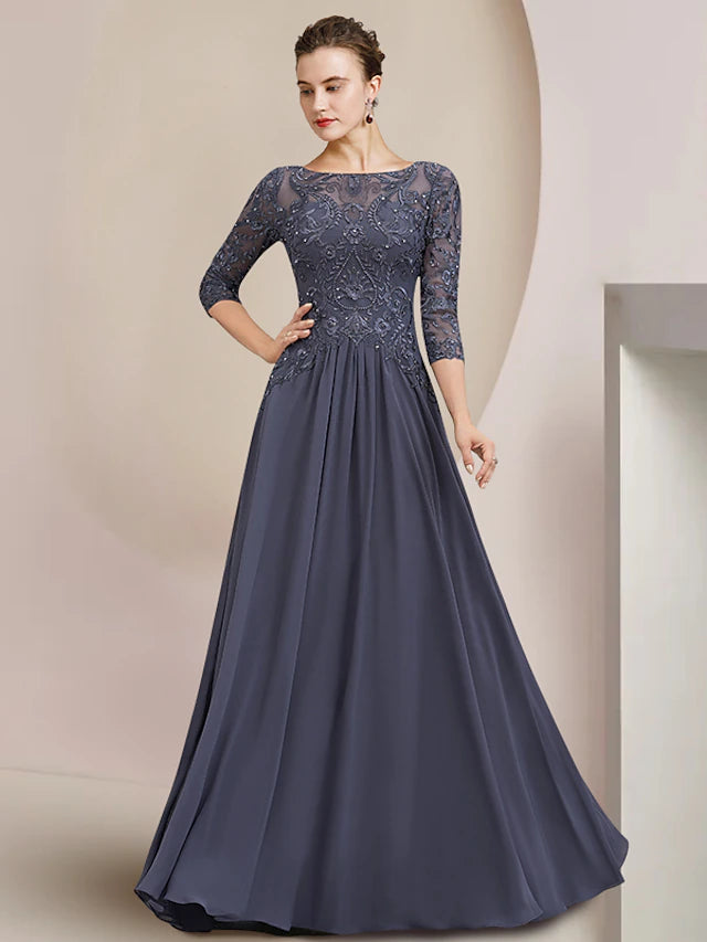 Elegant A-line Mother of the Bride dress with scoop neck and half sleeves.