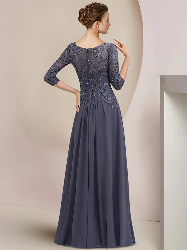 Back view of the A-line chiffon lace gown with beading appliques.