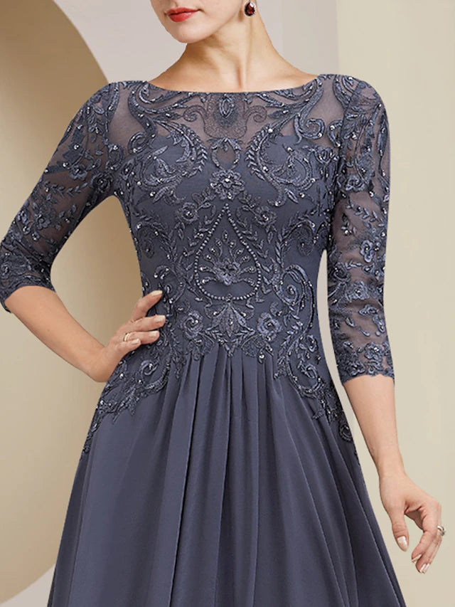 Close-up of the delicate lace and beading details on the formal dress.