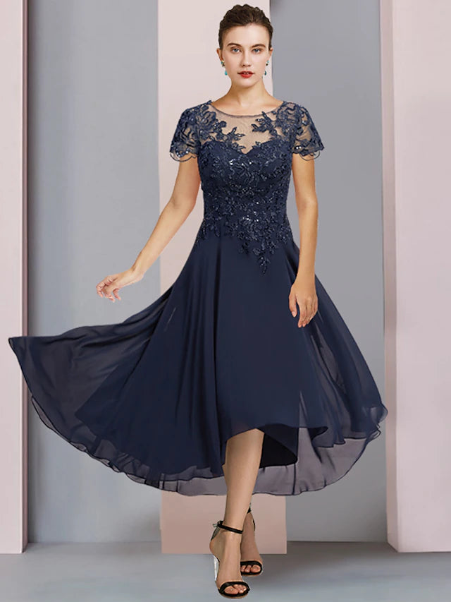 Elegant A-Line tea length Mother of the Bride dress with short sleeves.