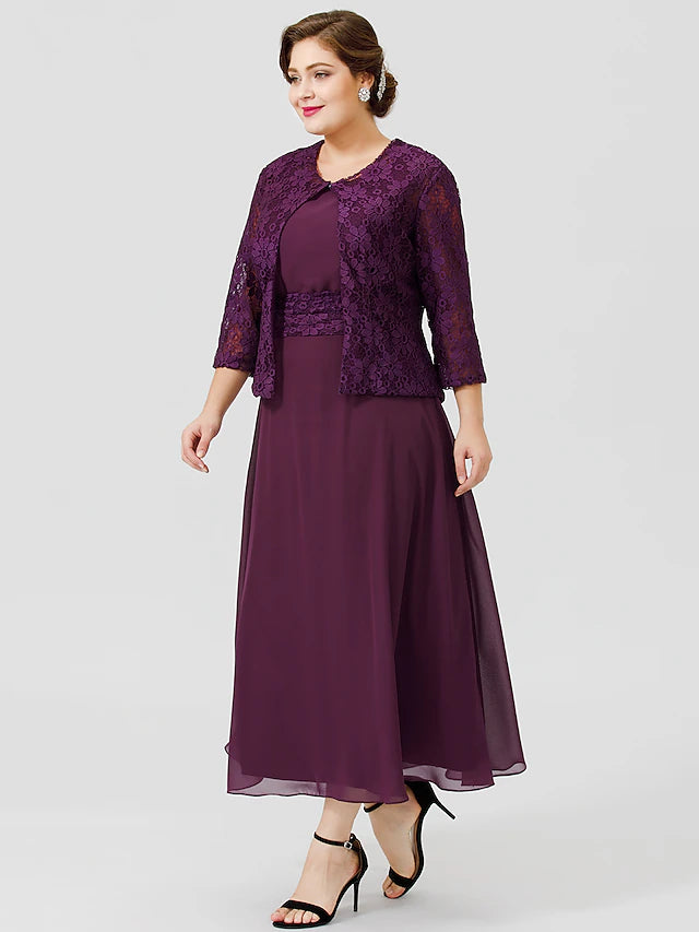 Full view of the tea-length chiffon and lace formal gown.