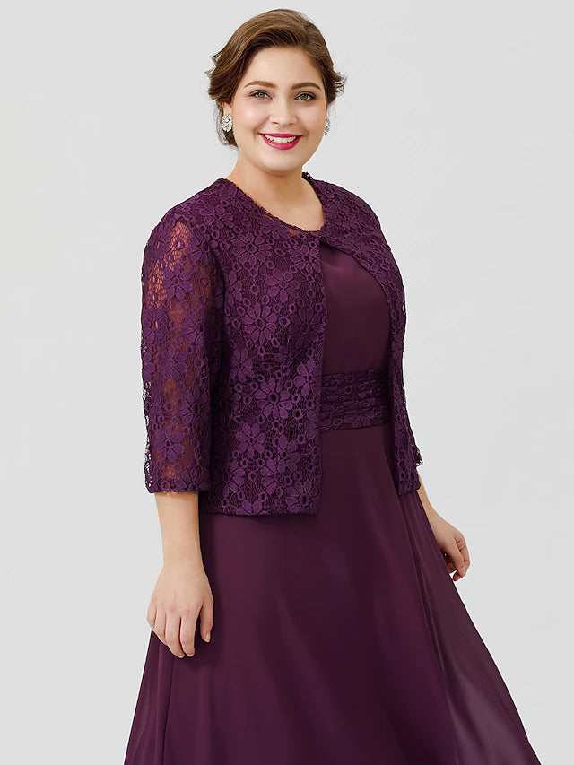 Side view of a plus-size A-line formal dress with a sash.