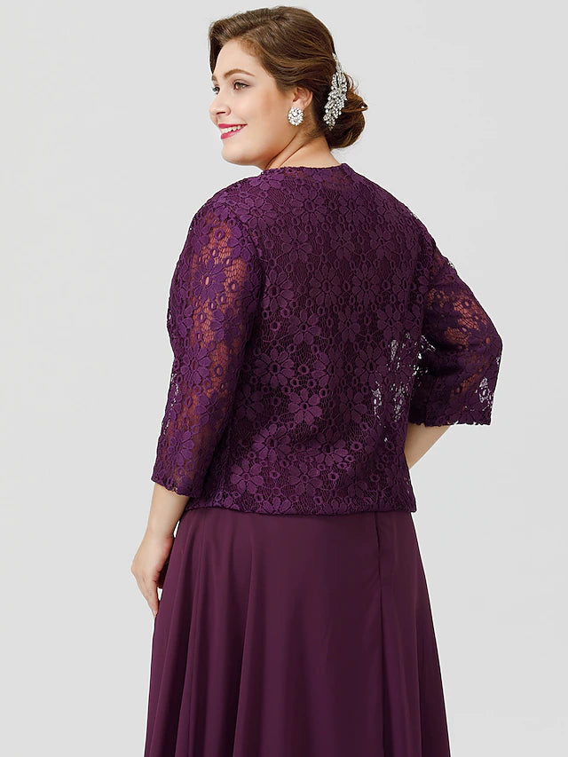 Full length view of the elegant tea-length Mother of the Bride gown.