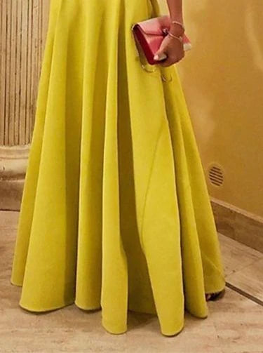 A-line scoop neck floor length prom dress, side view.