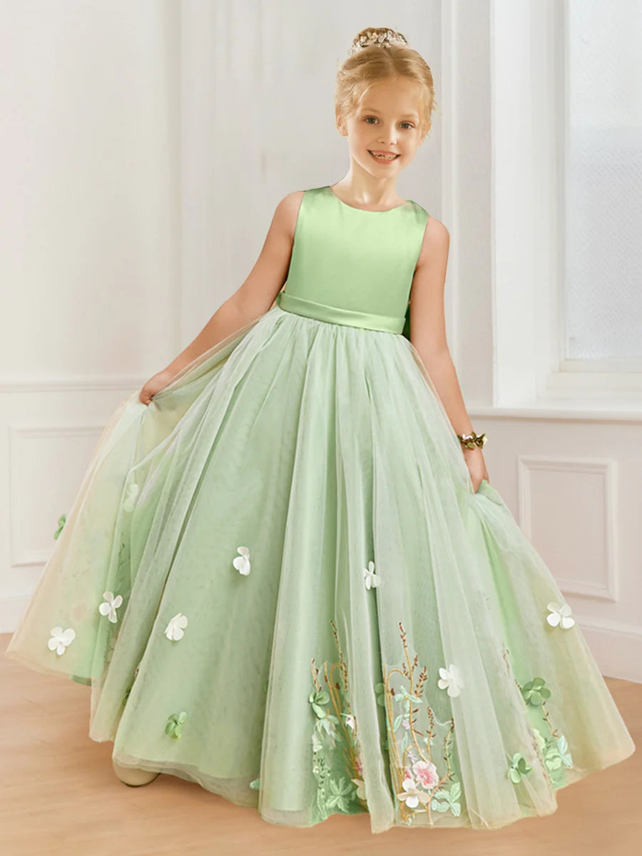 Full view of an A-Line Scoop Neck Flower Girl Dress with floral appliques.