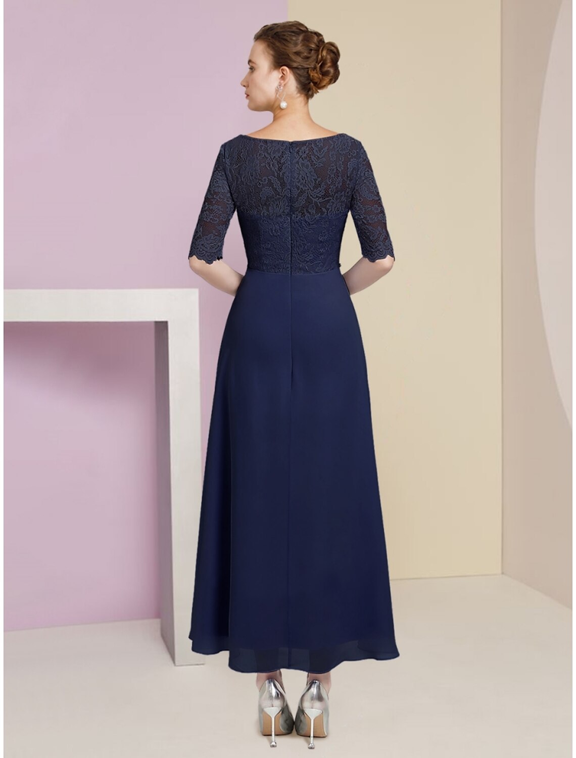 Side view of the A-Line chiffon dress, highlighting the half sleeves.