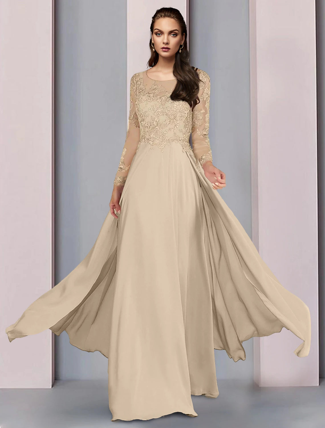 Elegant A-Line Mother of the Bride dress with scoop neck and half sleeves.
