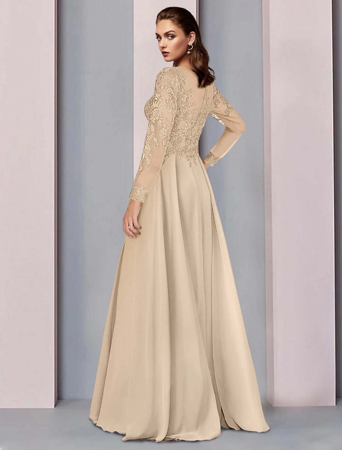 Back view of the chiffon floor-length gown with lace ruching.