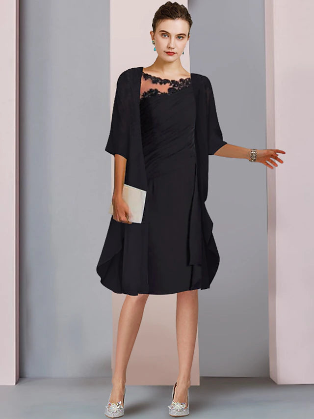 Elegant A-line mother of the bride dress with scoop neck and half sleeves.