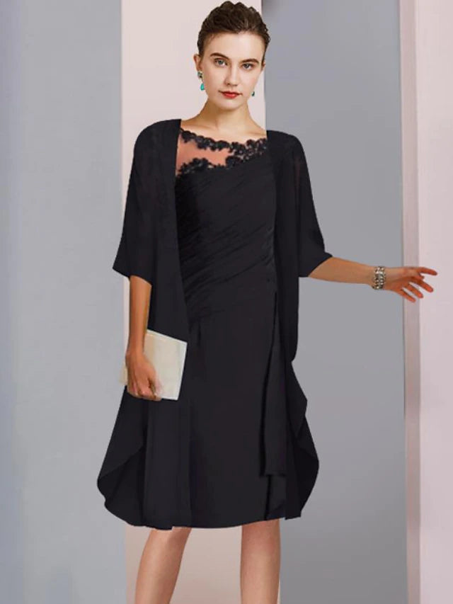 Back view of the knee-length chiffon and lace dress with ruched details.