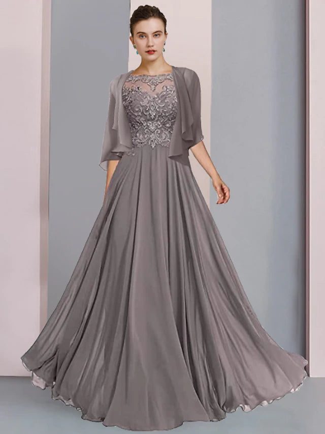 Elegant A-Line Mother of the Bride dress with scoop neck and half sleeves.