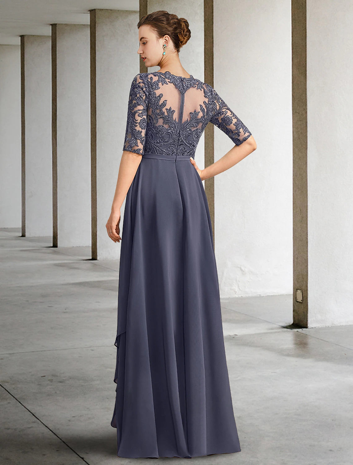 Floor-length chiffon and lace formal gown with sequin details.
