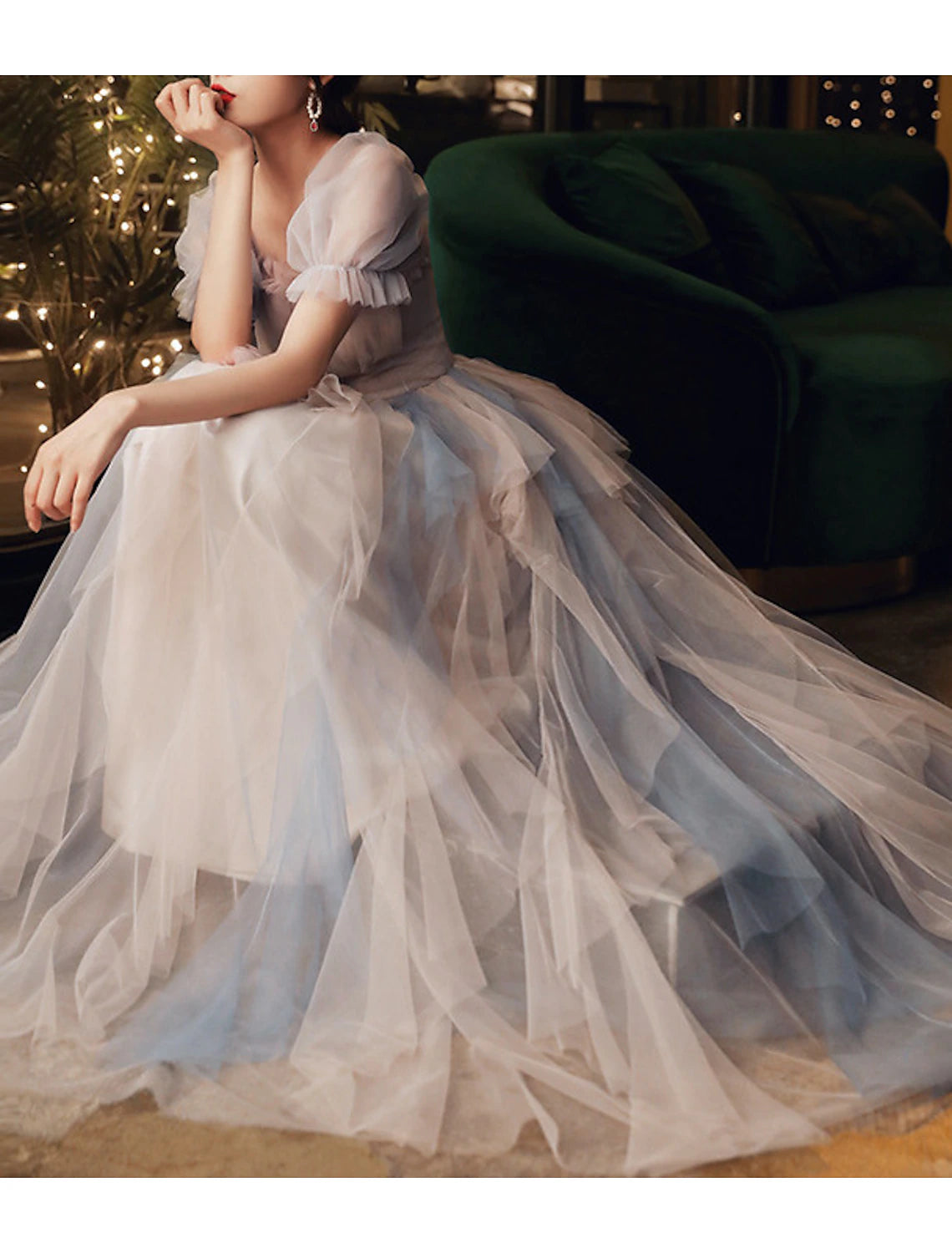 Back view of the color block A-line tulle gown, showing the elegant silhouette.