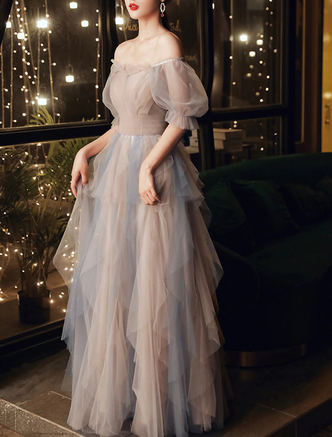 Detail of the color block design on the A-line gown's bodice.