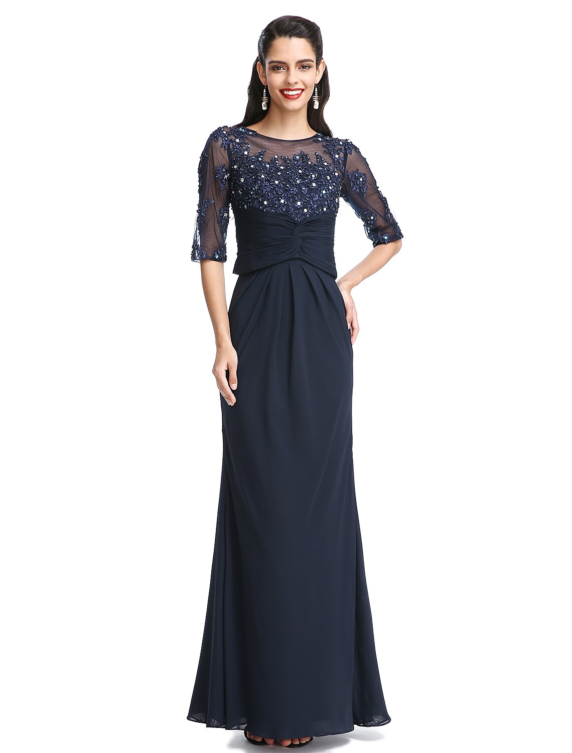 Elegant A-Line chiffon Mother of the Bride gown, front view.
