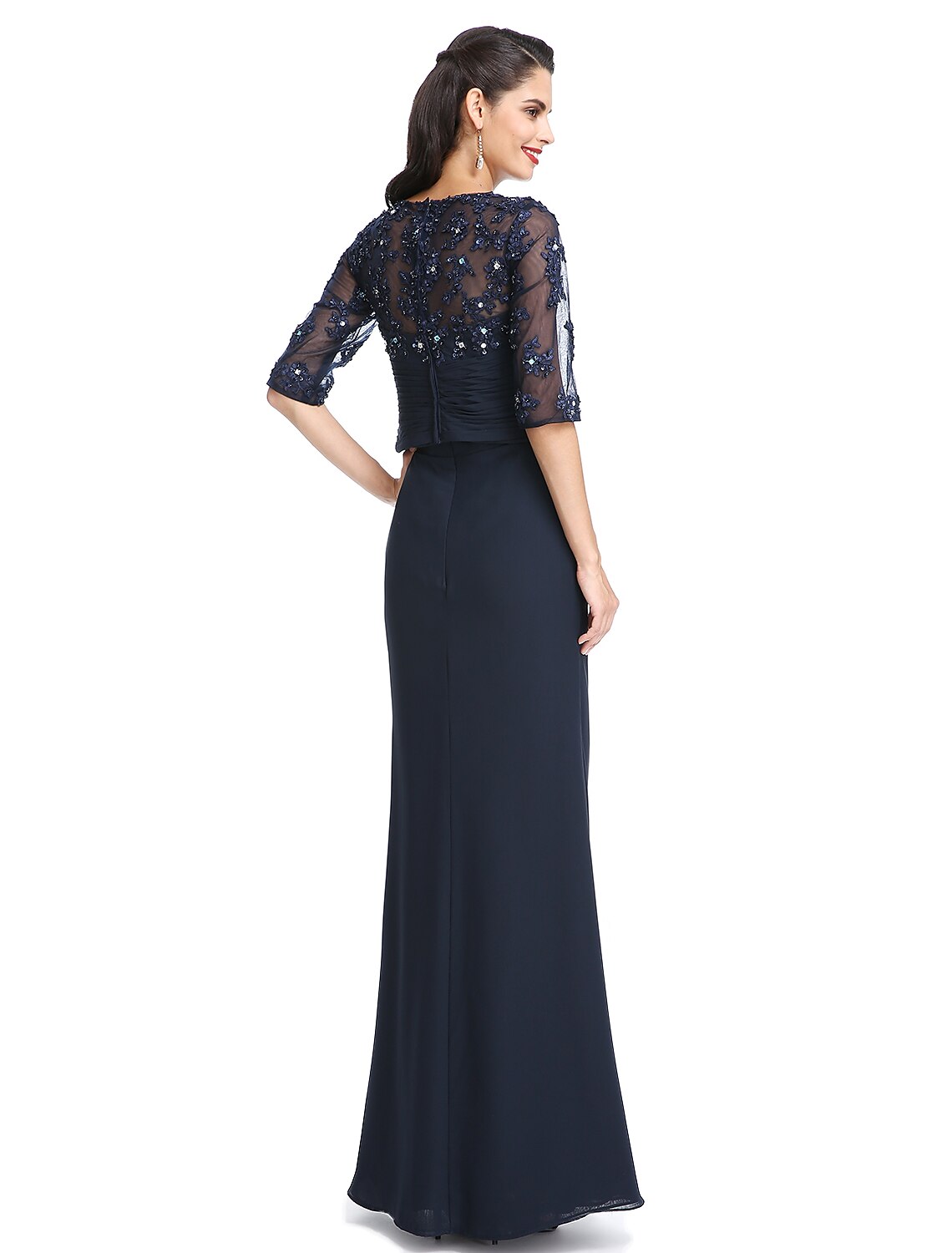 A-Line Mother of the Bride dress with scoop neck and half sleeves.
