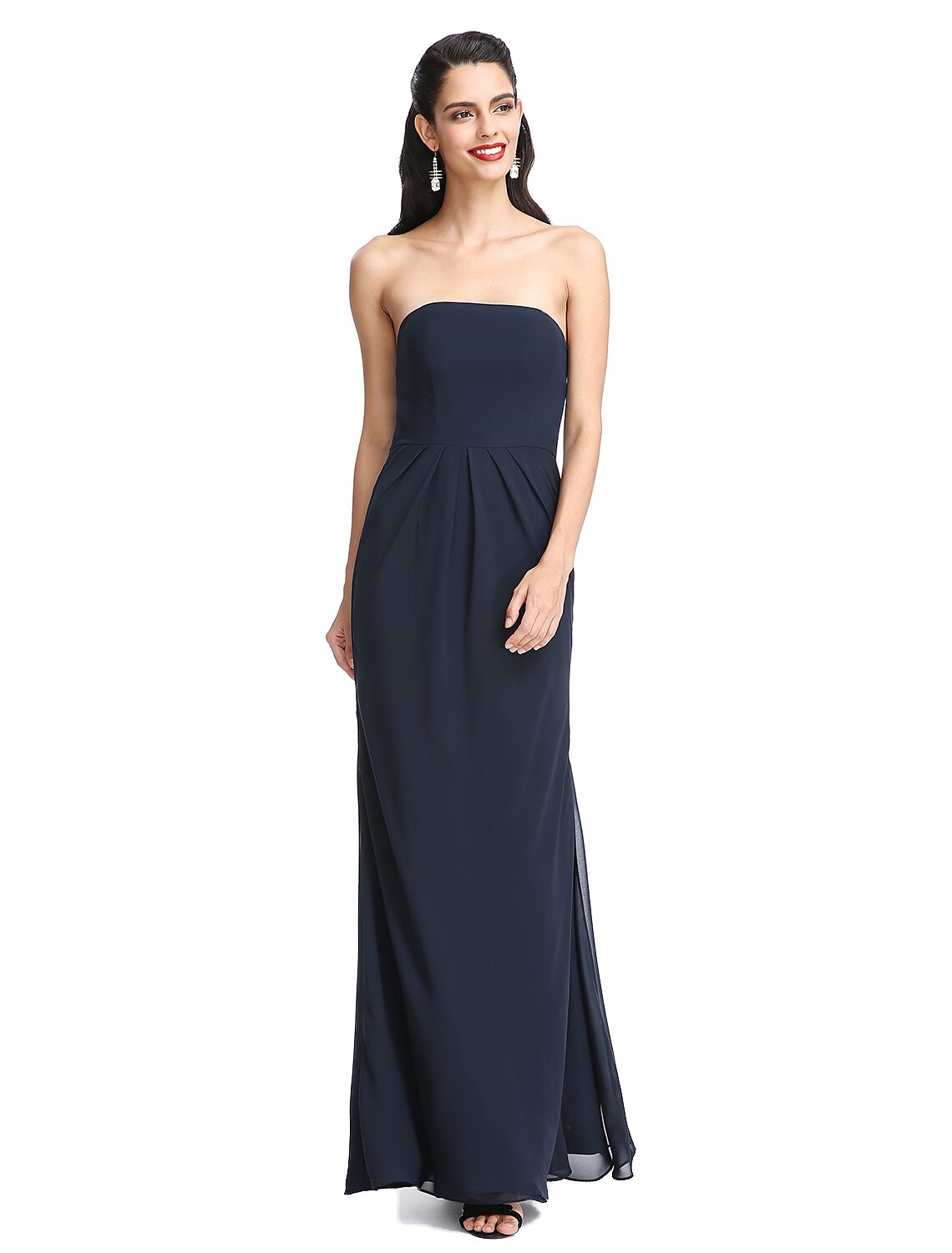 Floor length chiffon gown for formal occasions, side view.