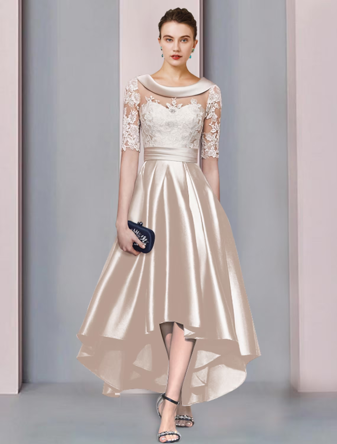 Elegant A-Line Mother of the Bride dress with scoop neck, half sleeves, high-low hem, and lace appliques.
