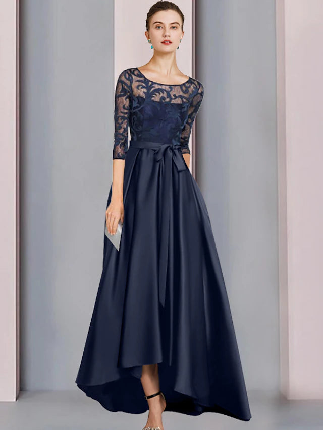 Elegant A-line high-low mother of the bride dress with scoop neck and half sleeves, featuring lace appliques.