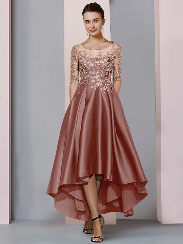 Elegant A-Line Mother of the Bride dress with scoop neck and half sleeves, front view.