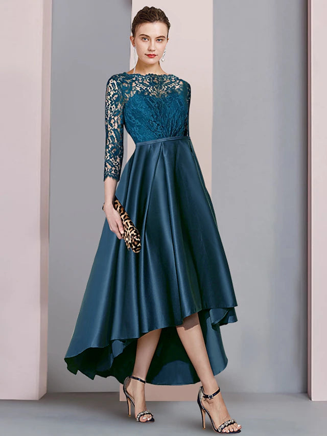 Elegant A-Line Mother of the Bride dress with scoop neck and half sleeves.