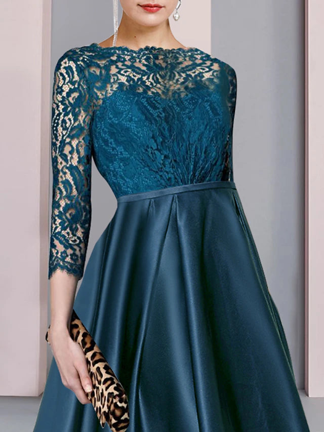 Side view of A-Line dress, showcasing high-low tea length hem.