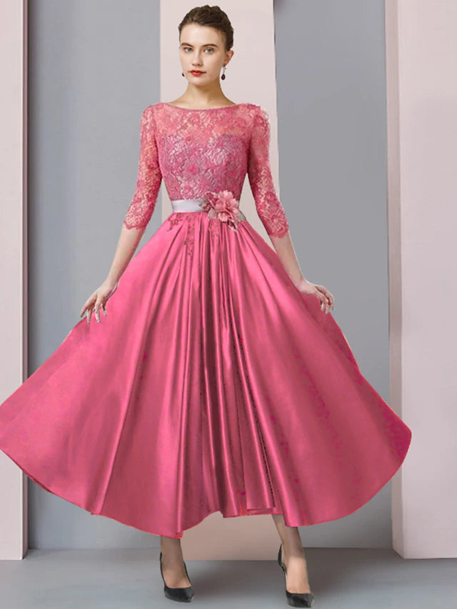 Elegant A-line Mother of the Bride dress with scoop neck and half sleeves.