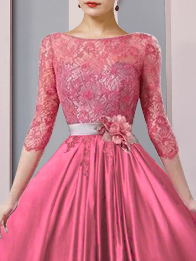 Back view of the A-line Mother of the Bride dress, showing tea length and satin lace details.
