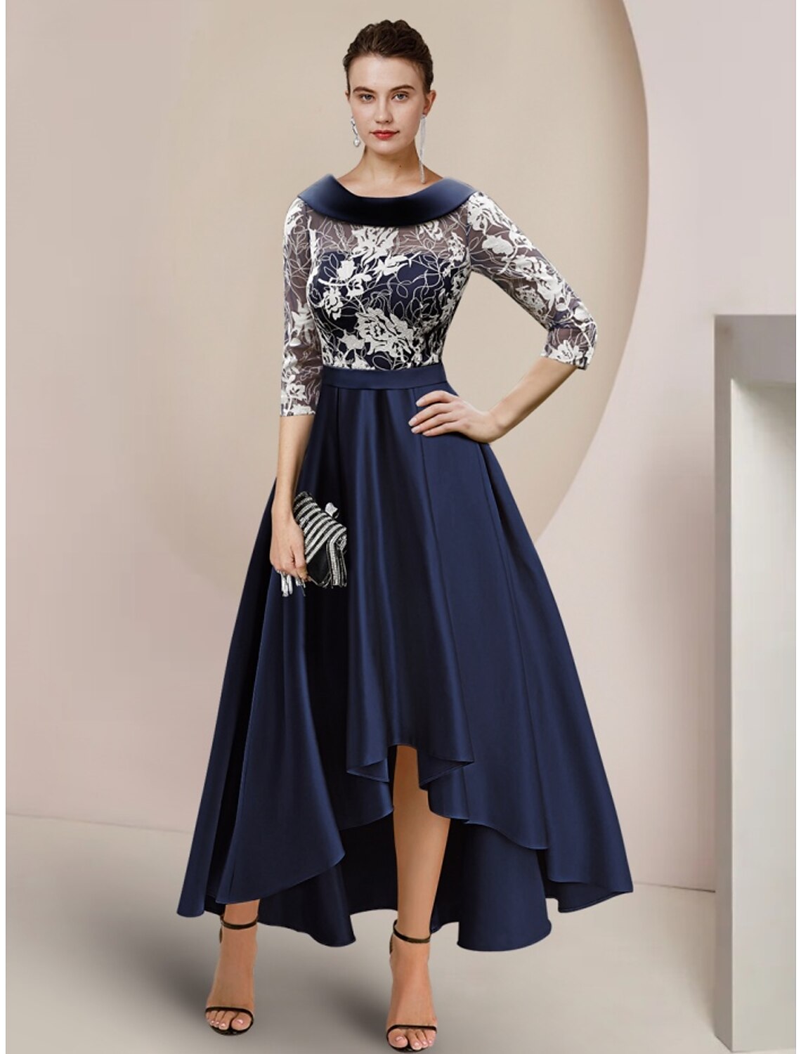 Elegant A-Line Mother of the Bride dress with scoop neck, half sleeves, and ruched detail.