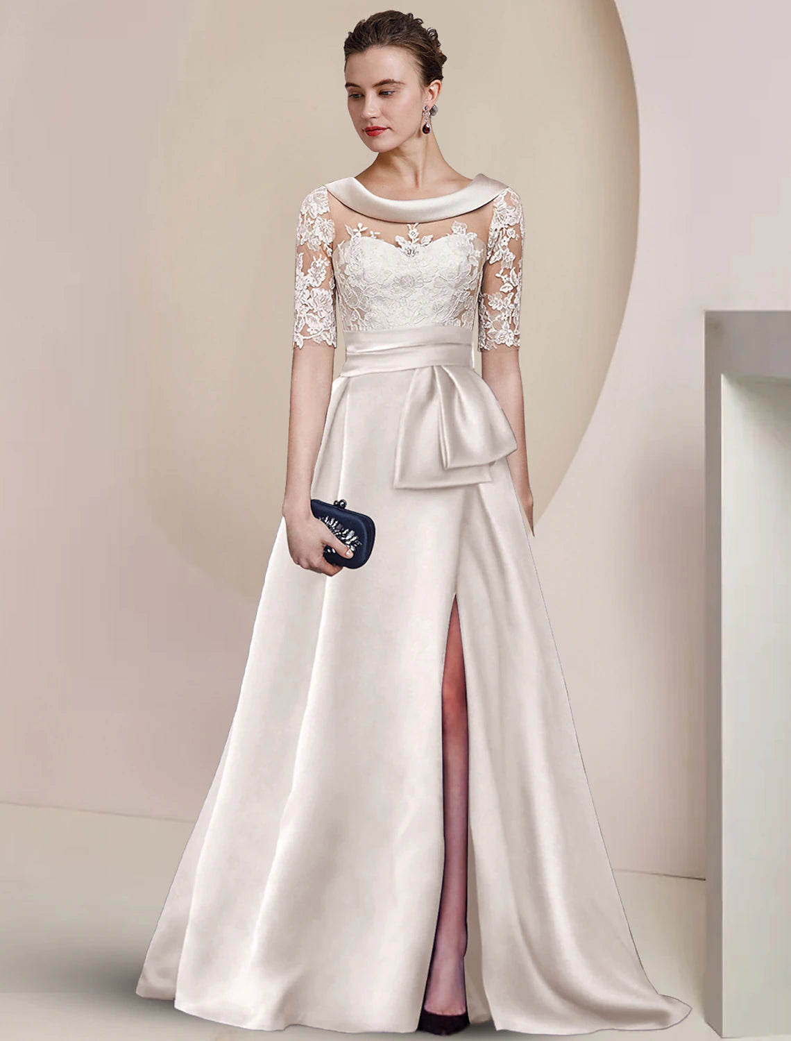Elegant A-line Mother of the Bride dress with scoop neck, half sleeves, satin, and lace.