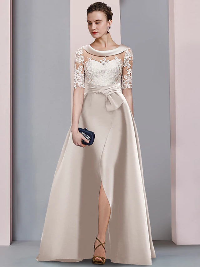 Front view of an elegant A-Line Mother of the Bride dress with scoop neck, half sleeves, and satin lace.
