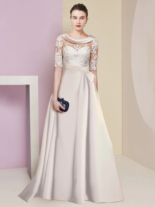 Elegant A-Line Mother of the Bride dress with scoop neck, half sleeves, and satin lace appliques.